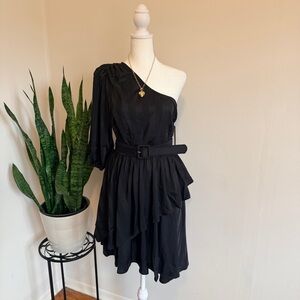 Lani The Label | One-Shoulder Black Ruffle Belted Dress